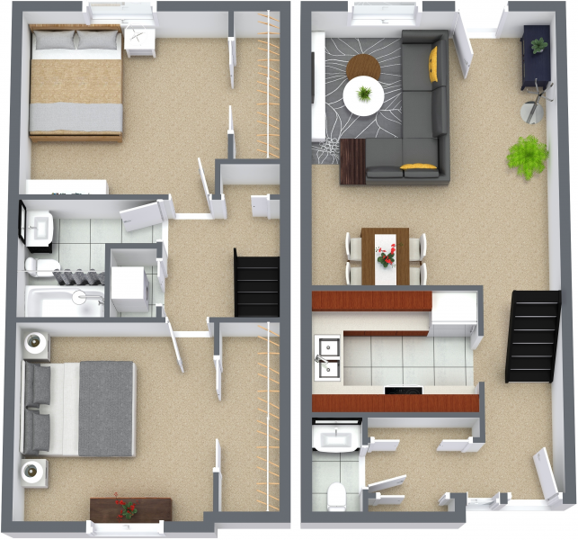 Floor plan for 2 beds, 1 bath, 980 sqft